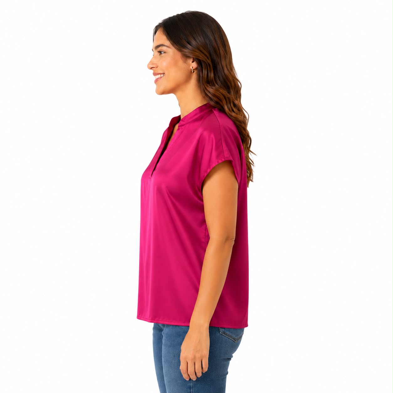 Nicole Miller blouse Satin short sleeve with mao p-neck