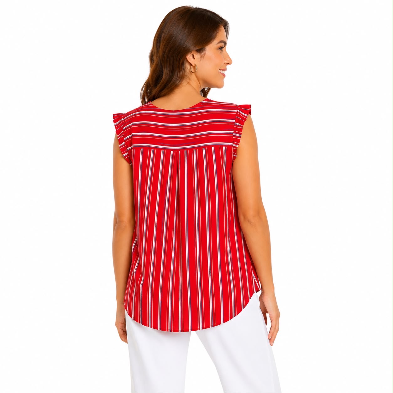 W5 blouse has a red and white vertical stripe print