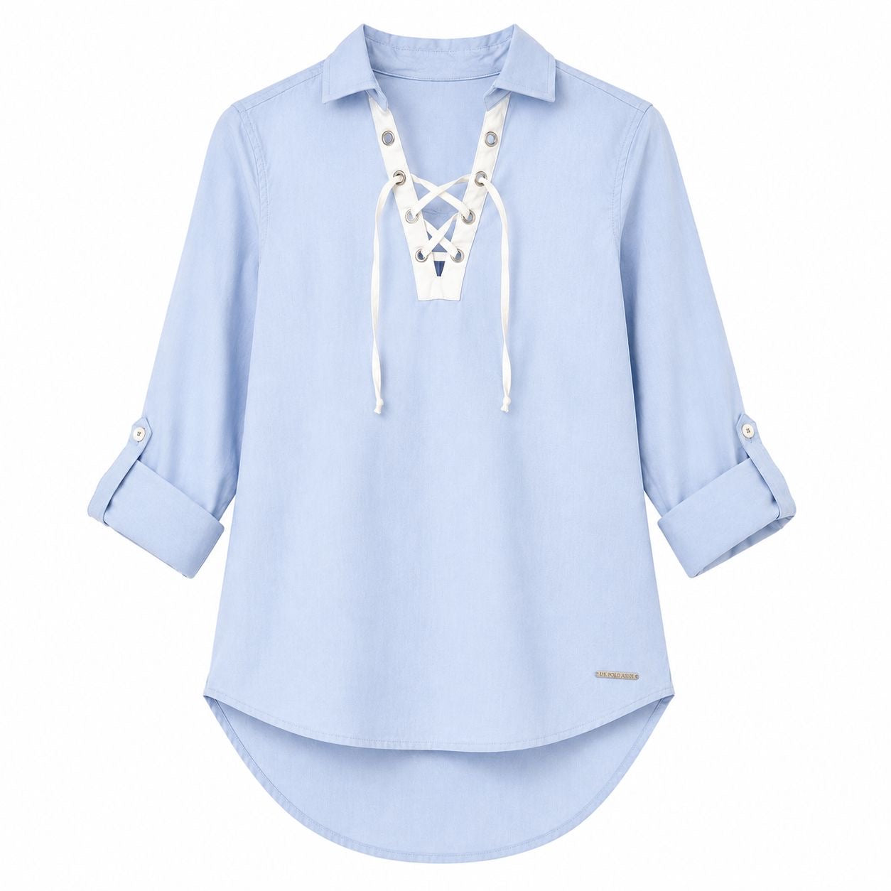 Us Polo Assn Light blue blouse brand stands out for its collar with adjustable laces
