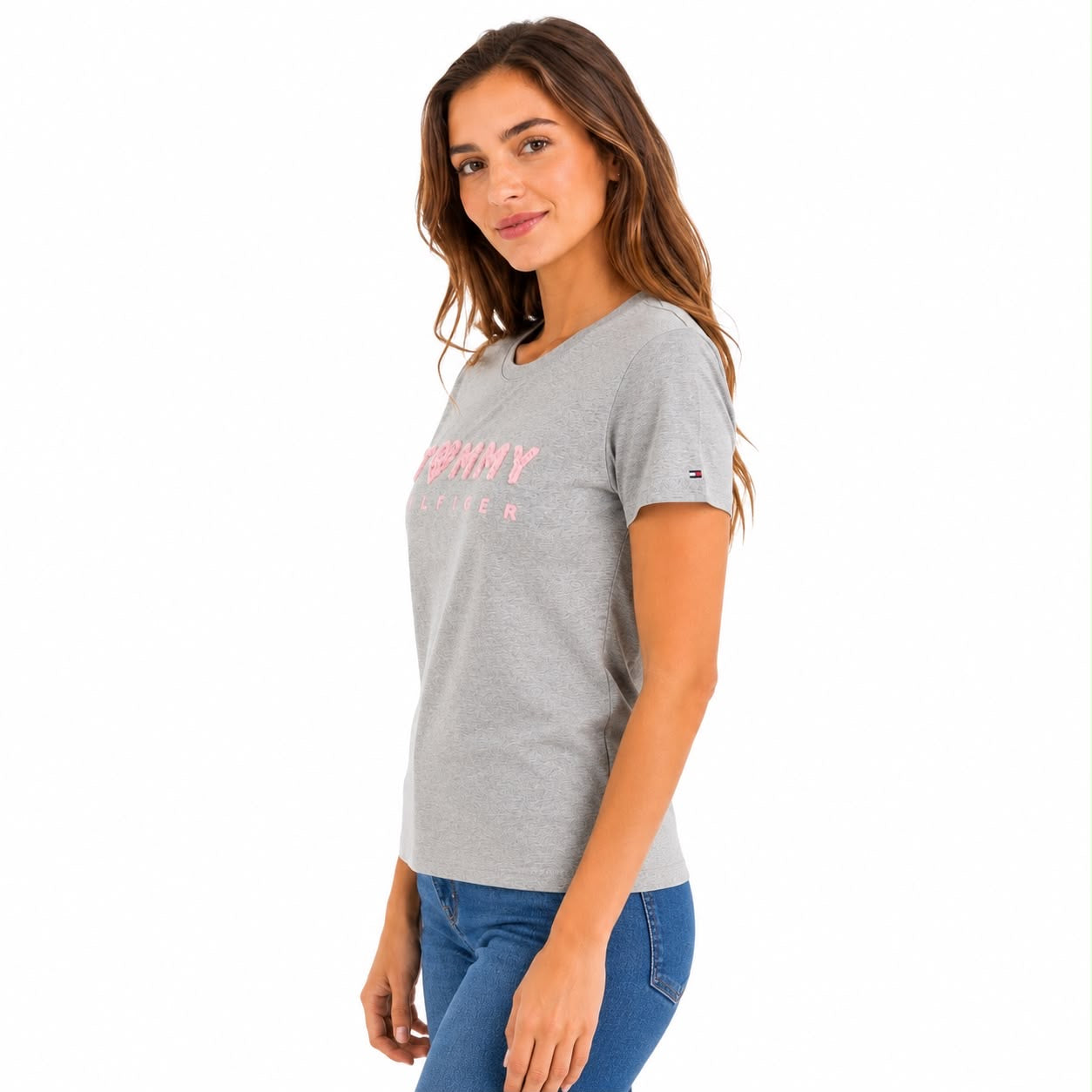 Tommy Hilfiger gray t-shirt features a pink embossed embroidered front logo