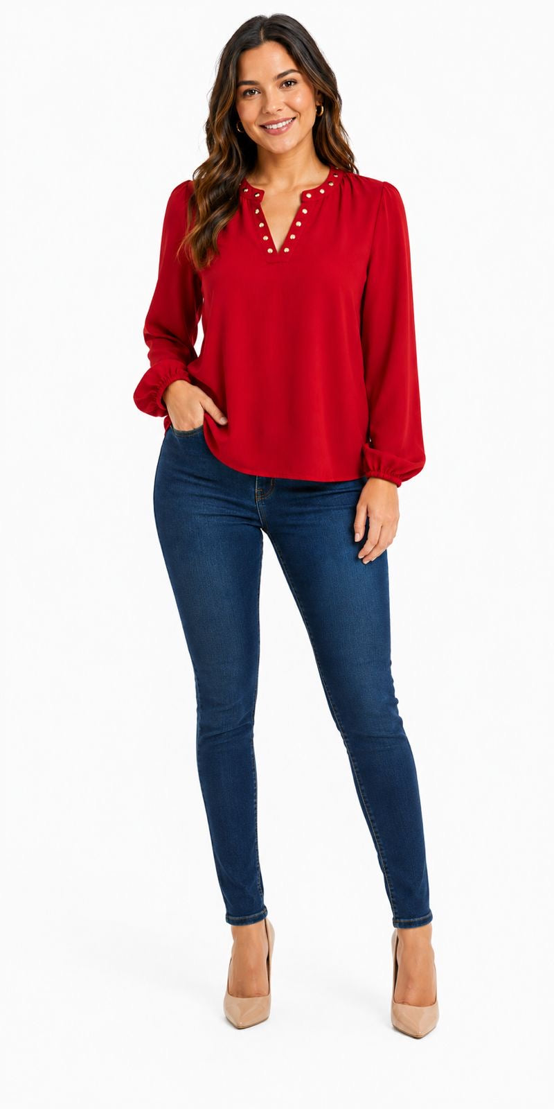 MICHAEL KORS-Red long-sleeved blouse with golden stoperoles details