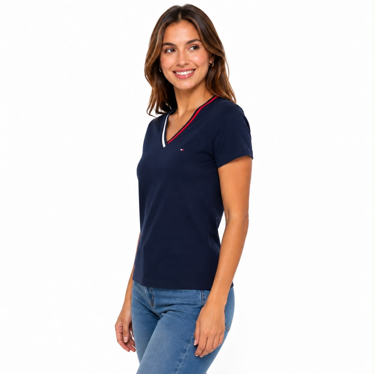 Tommy Hilfiger navy blue blouse stands out for its V-neck