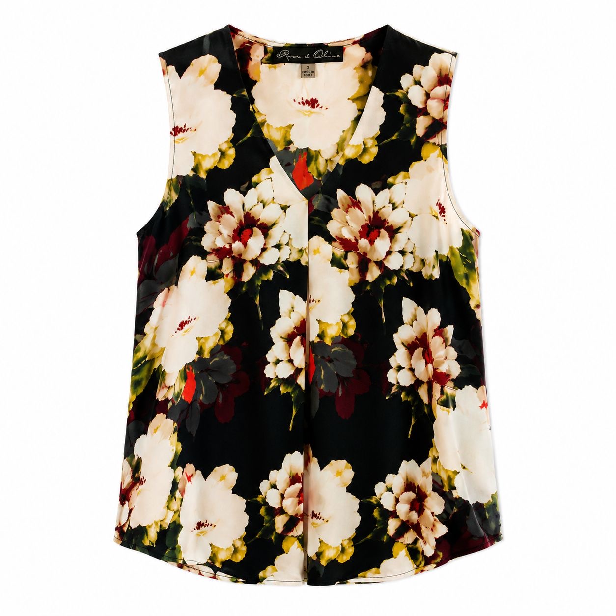 Rose & Olive sleeveless blouse features a vibrant floral print
