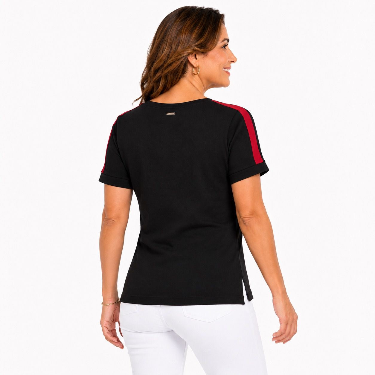 DKNY white t-shirt stands out for its side bands in black Women’s