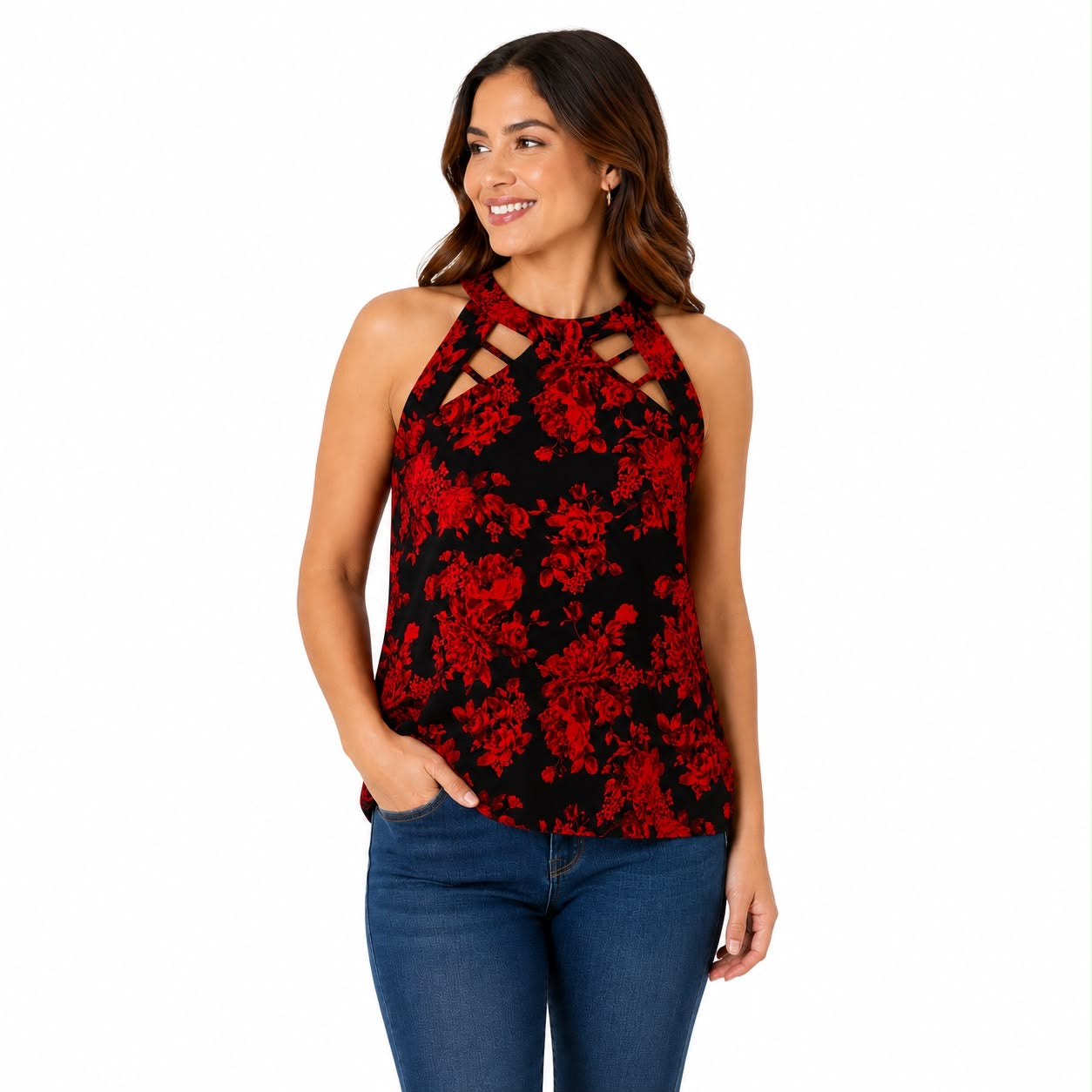 Diana Belle brand blouse presents a bold red floral print