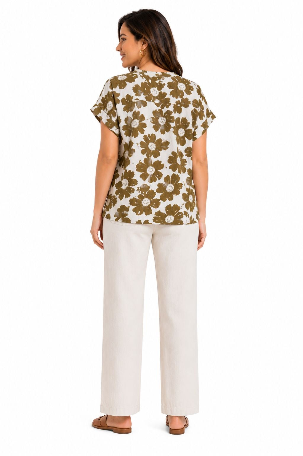 COMO BLU-Button blouse for women with floral print in olive green tones,