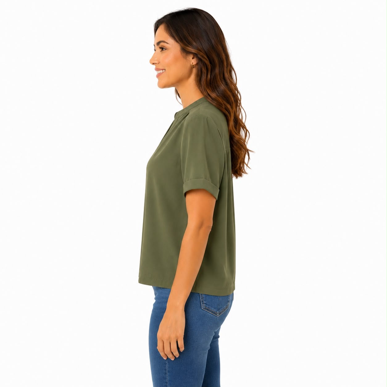 Premise olive green blouse features an elegant design with split V-neck