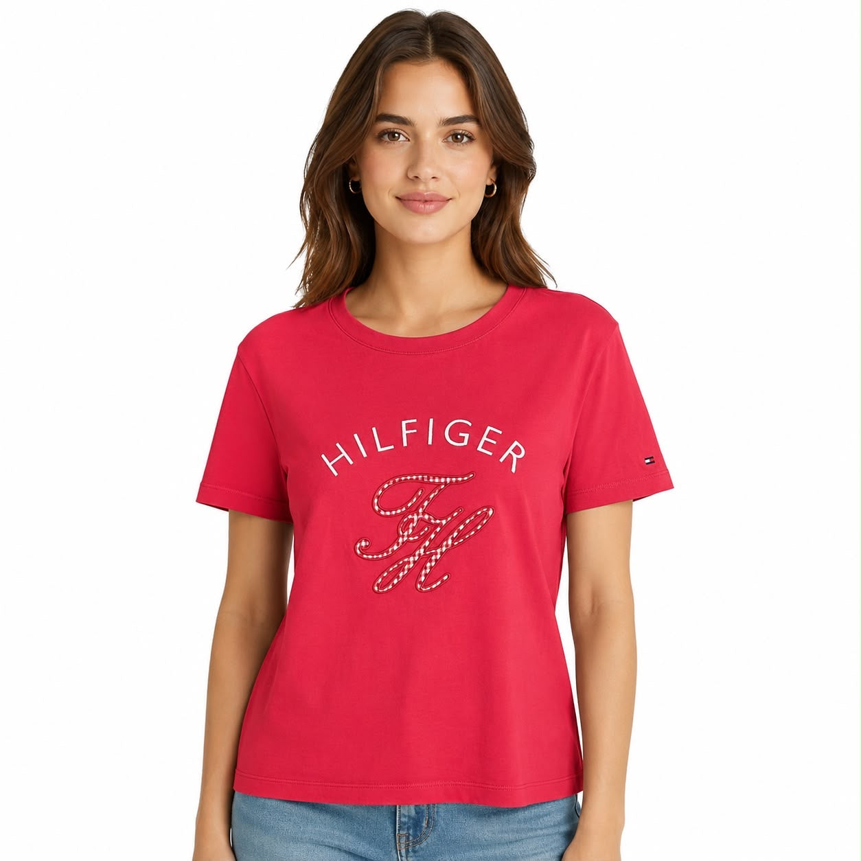 TOMMY HILFIGER-Gingham Script Monogram women's t-shirt