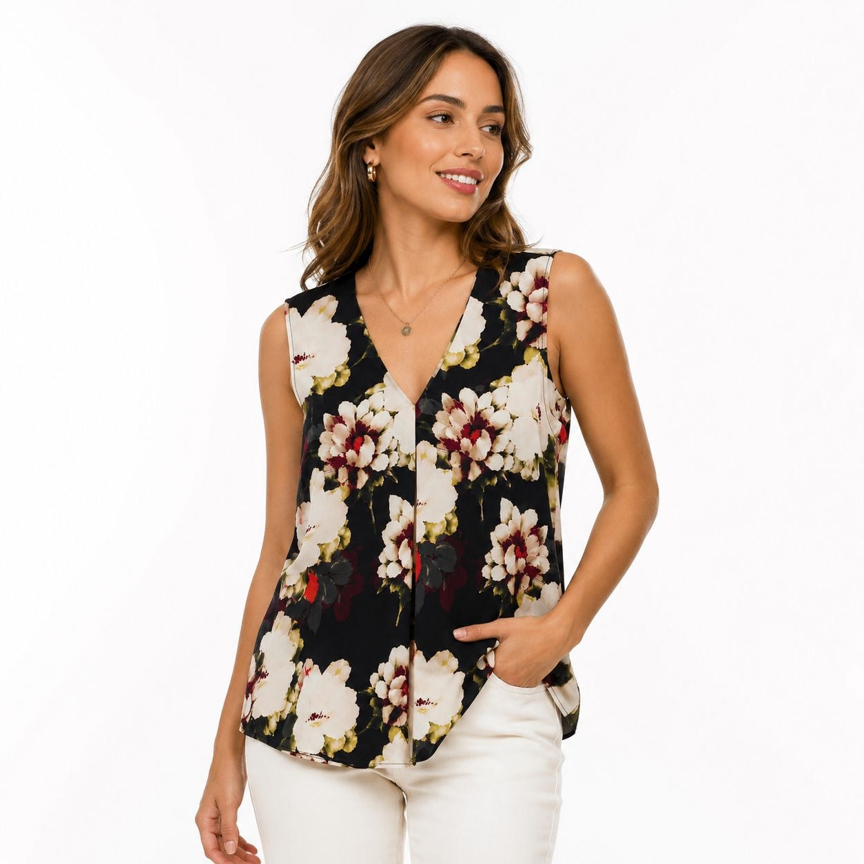Rose & Olive sleeveless blouse features a vibrant floral print
