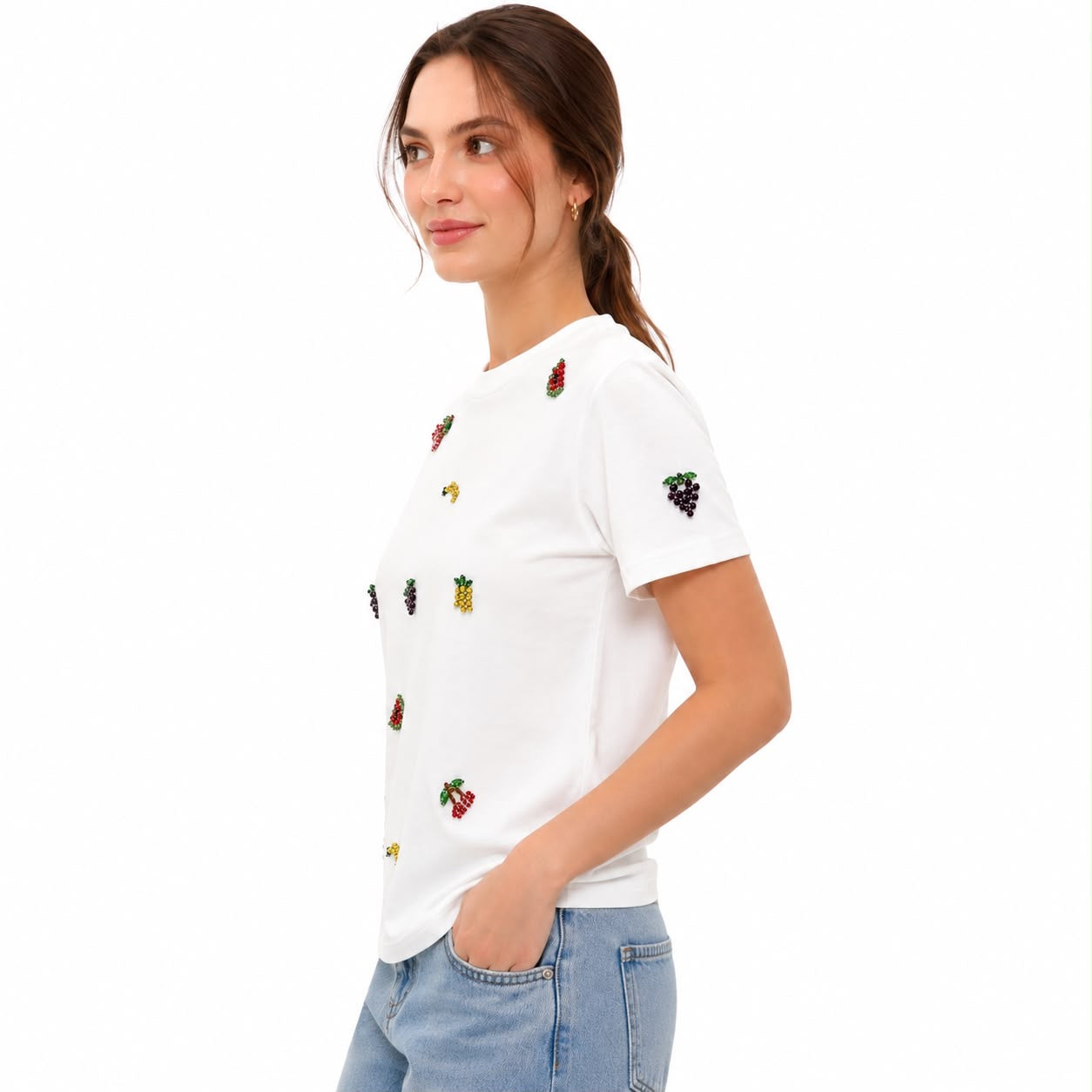 Oh 12th white t-shirt stands out for its colorful fruit appliques
