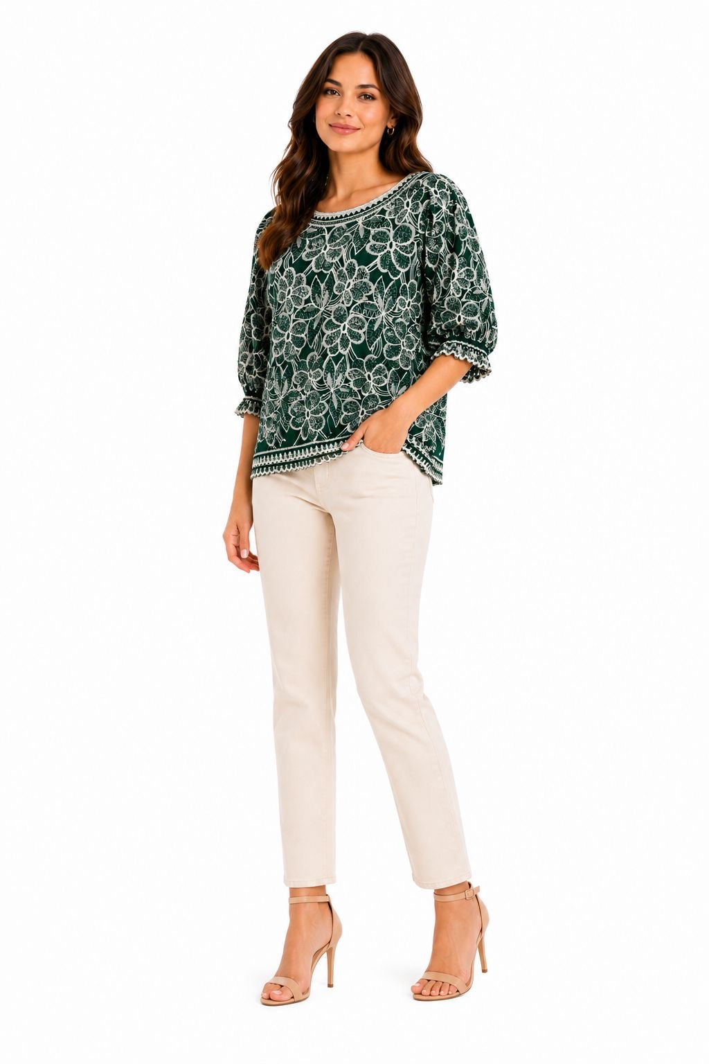 SOLITAIREGreen blouse with white floral embroidery