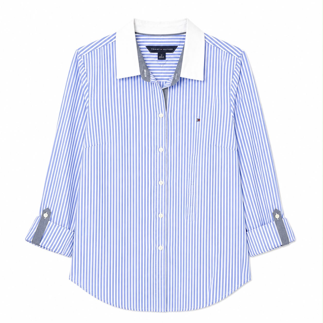 Tommy Hilfiger shirt features a white and blue striped design