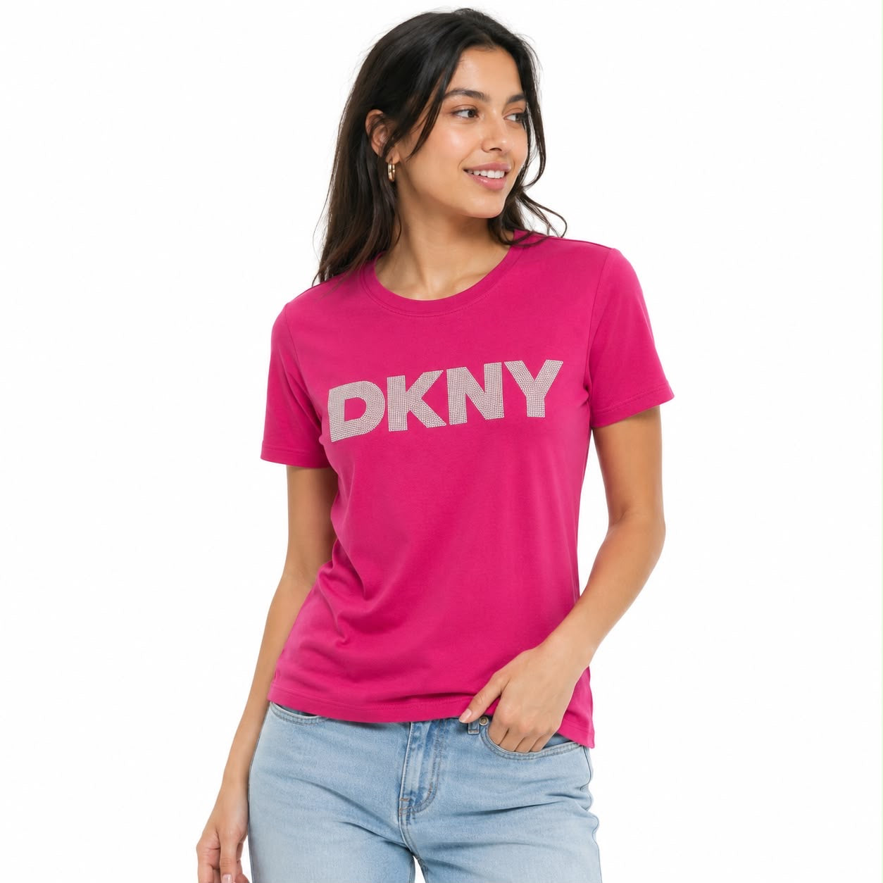 DKNY brand women's pink t-shirt stands out for its striking bright logo