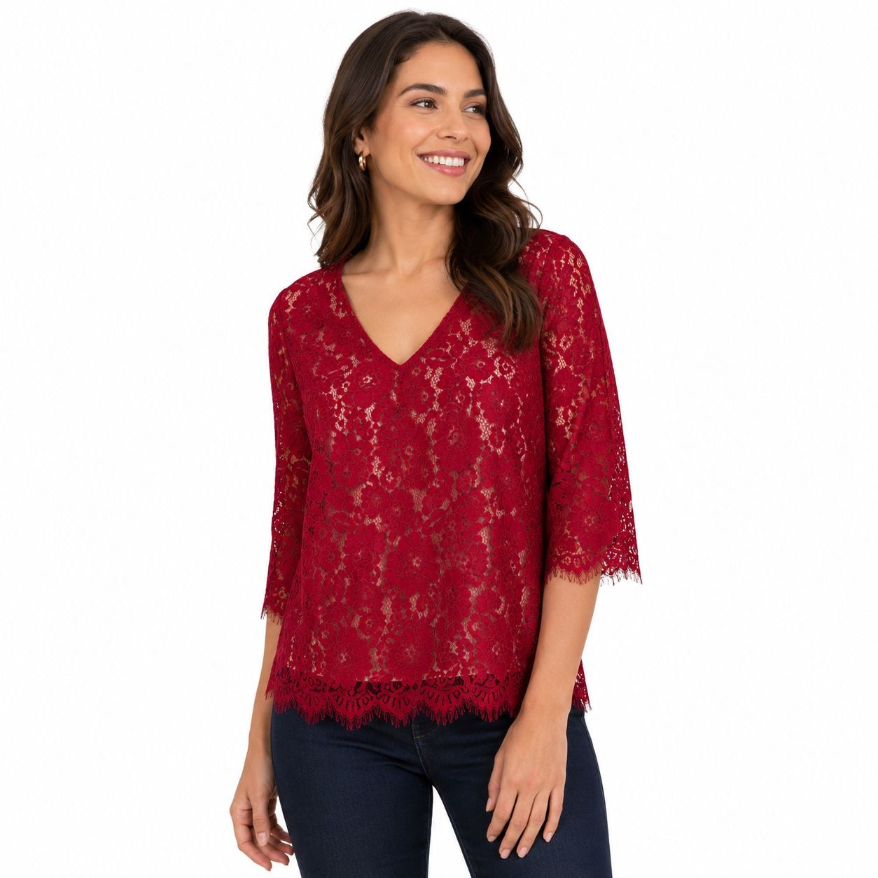 Adiva Red lace blouse with V-neck and beige lining