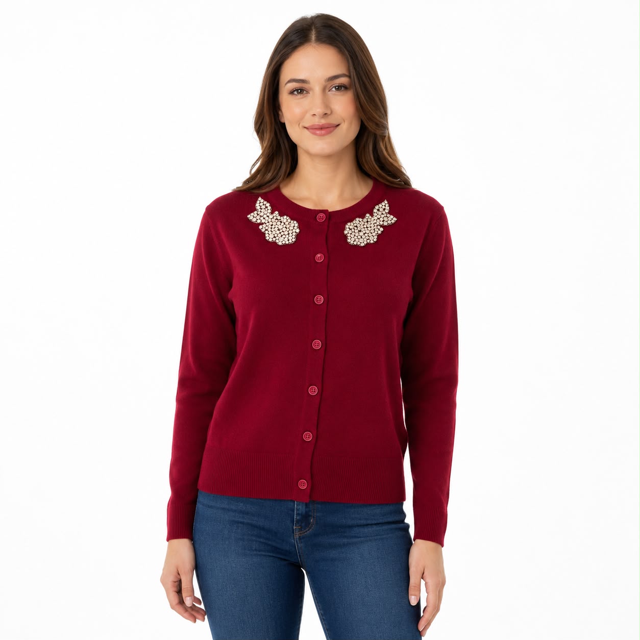 Liv Milano Red cardigan Features bright embroidered details on the neck