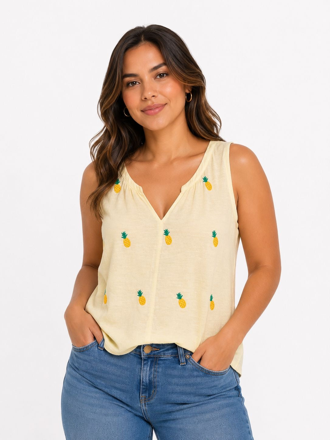 LUCKY BRAND-Light yellow tank top with pineapple embroidery