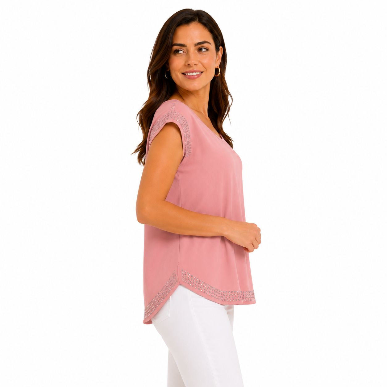 A'Gaci's pink blouse features subtle rhinestone details Women’s