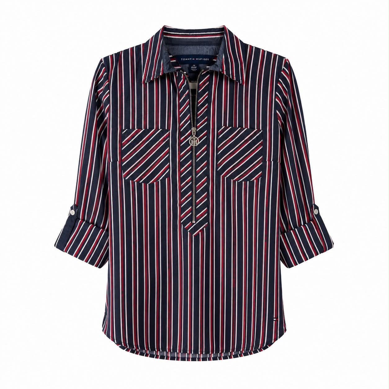 Tommy Hilfiger blouse with red, white and blue stripes has a zipper closure at the collar