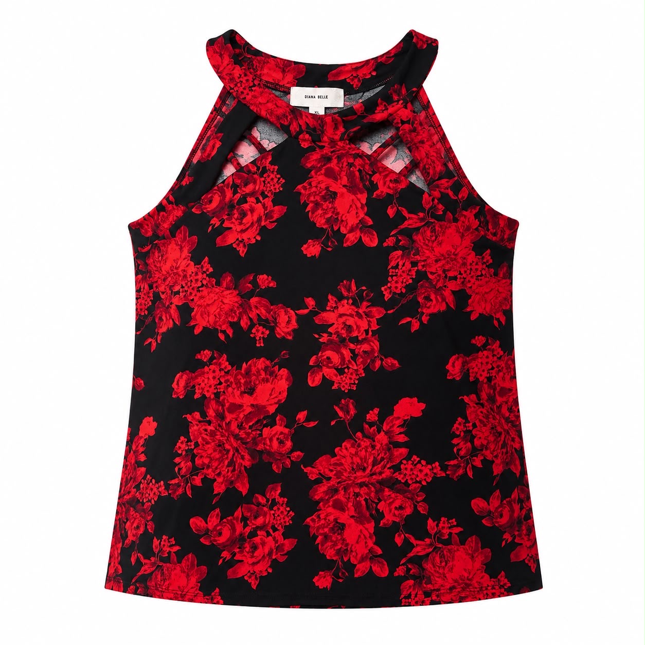 Diana Belle brand blouse presents a bold red floral print