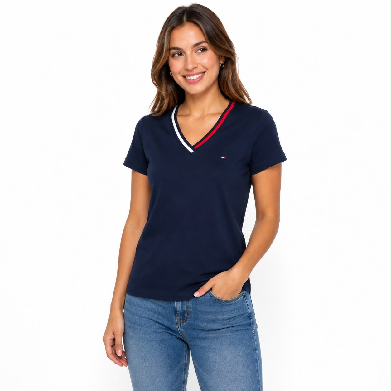 Tommy Hilfiger navy blue blouse stands out for its V-neck