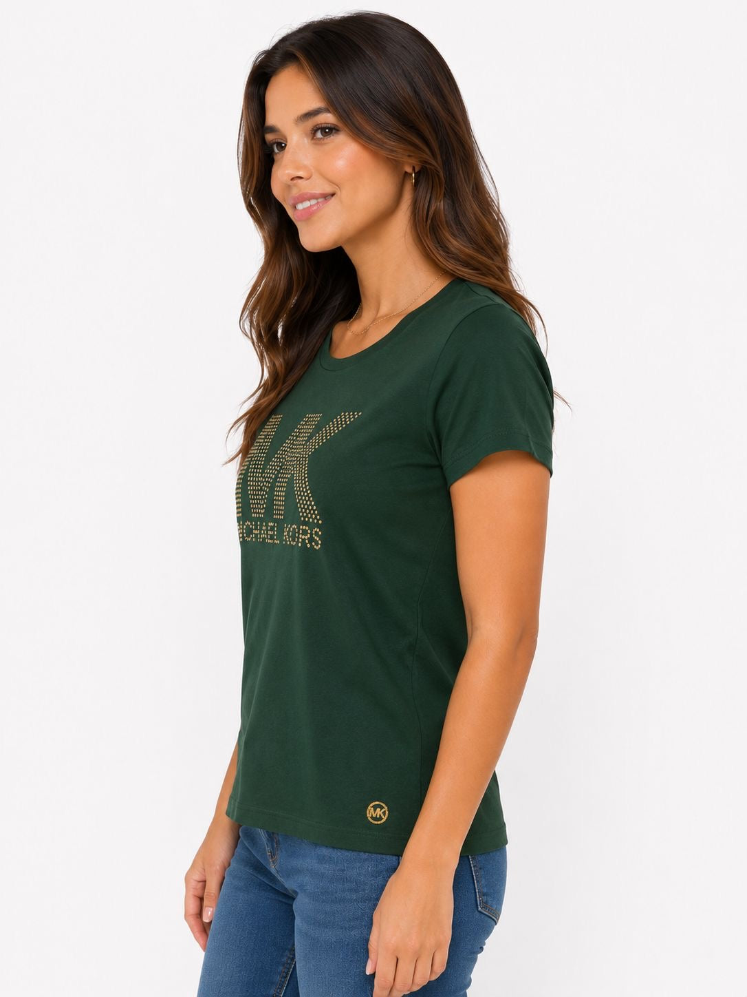 Michael Kors green t-shirt for women with the brand logo dotted in gold tone.