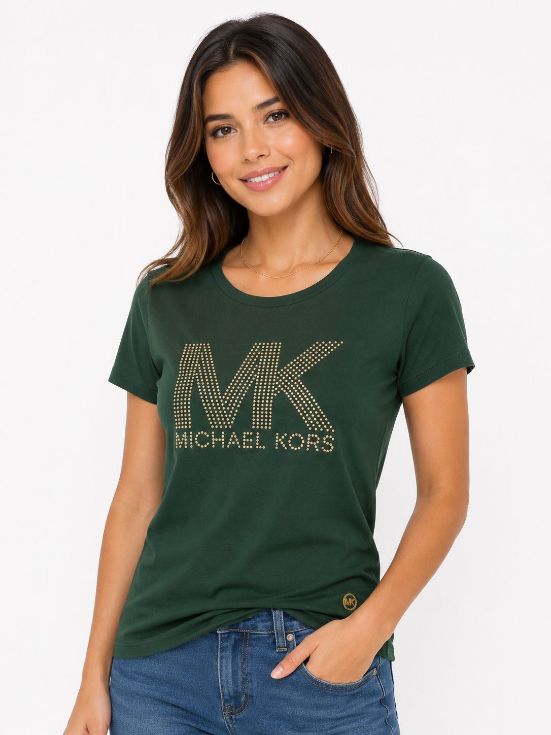Michael Kors green t-shirt for women with the brand logo dotted in gold tone.