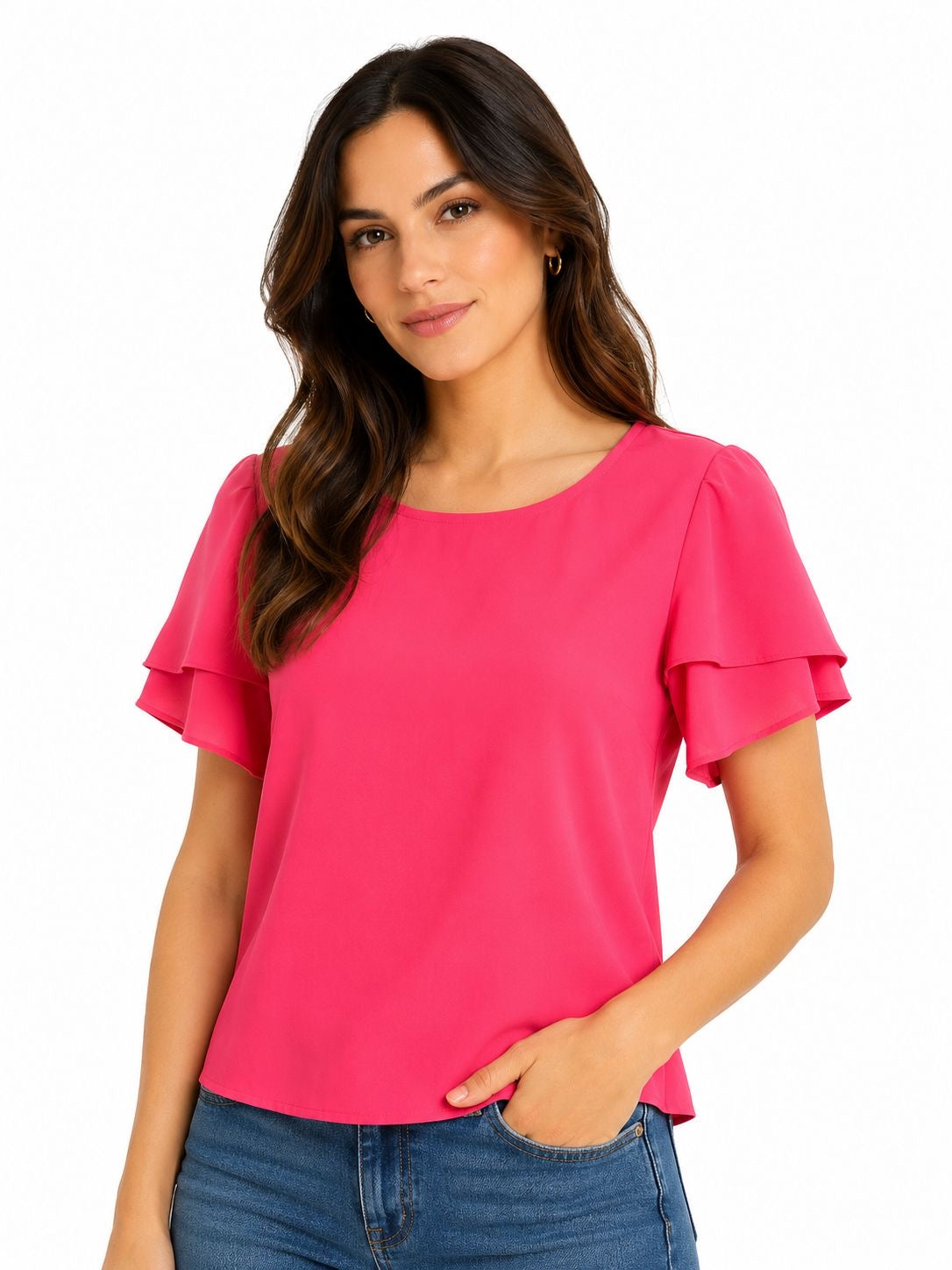 CALVIN KLEIN-Round neck blouse and puffy short sleeves (gola or petal type)