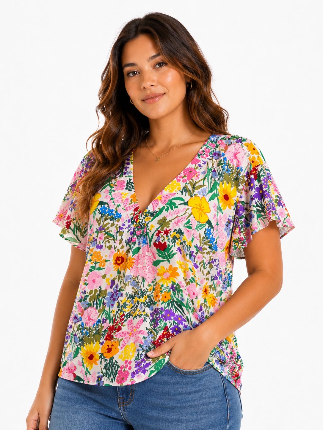 CYNTHIA ROWLEY-Short-sleeved blouse with multicolor floral print