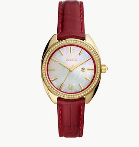 Fossil Vale Three-Hand Date Red Leather Watch